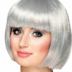 Peluca Plateada Media Melena Con Flequillo Para Mujer