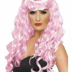 Peluca Rosa Larga Con Flequillo